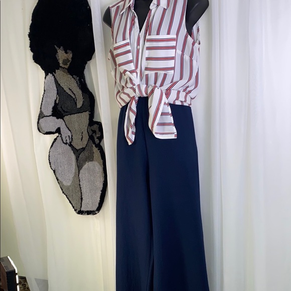 Blue and White with Red Stripes Wide Leg Set with Elegant Flow - Picture 13 of 17